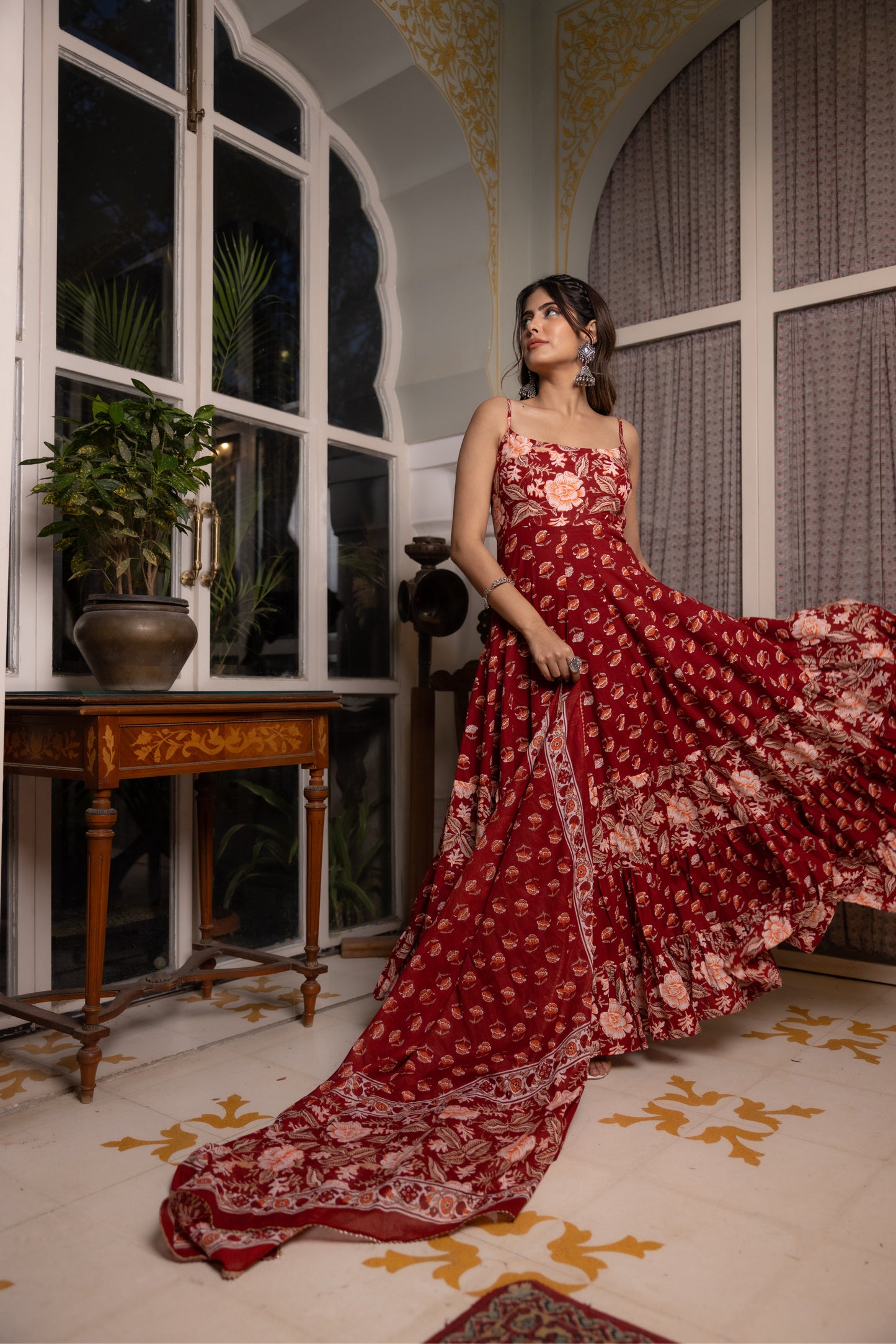 ADVEKA RED COTTON TIERED ANARKALI SET Deasha India