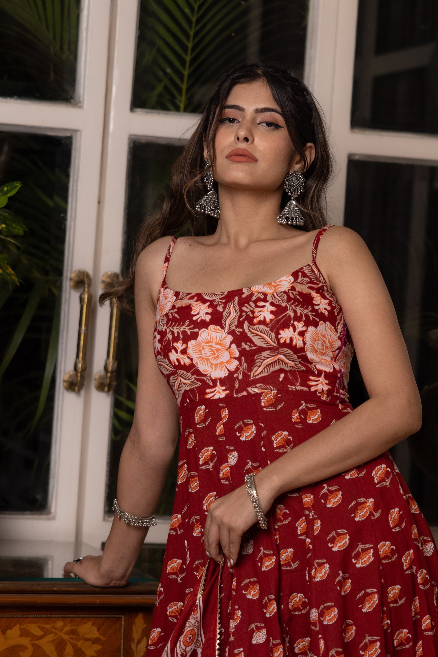 ADVEKA RED COTTON TIERED ANARKALI SET Deasha India