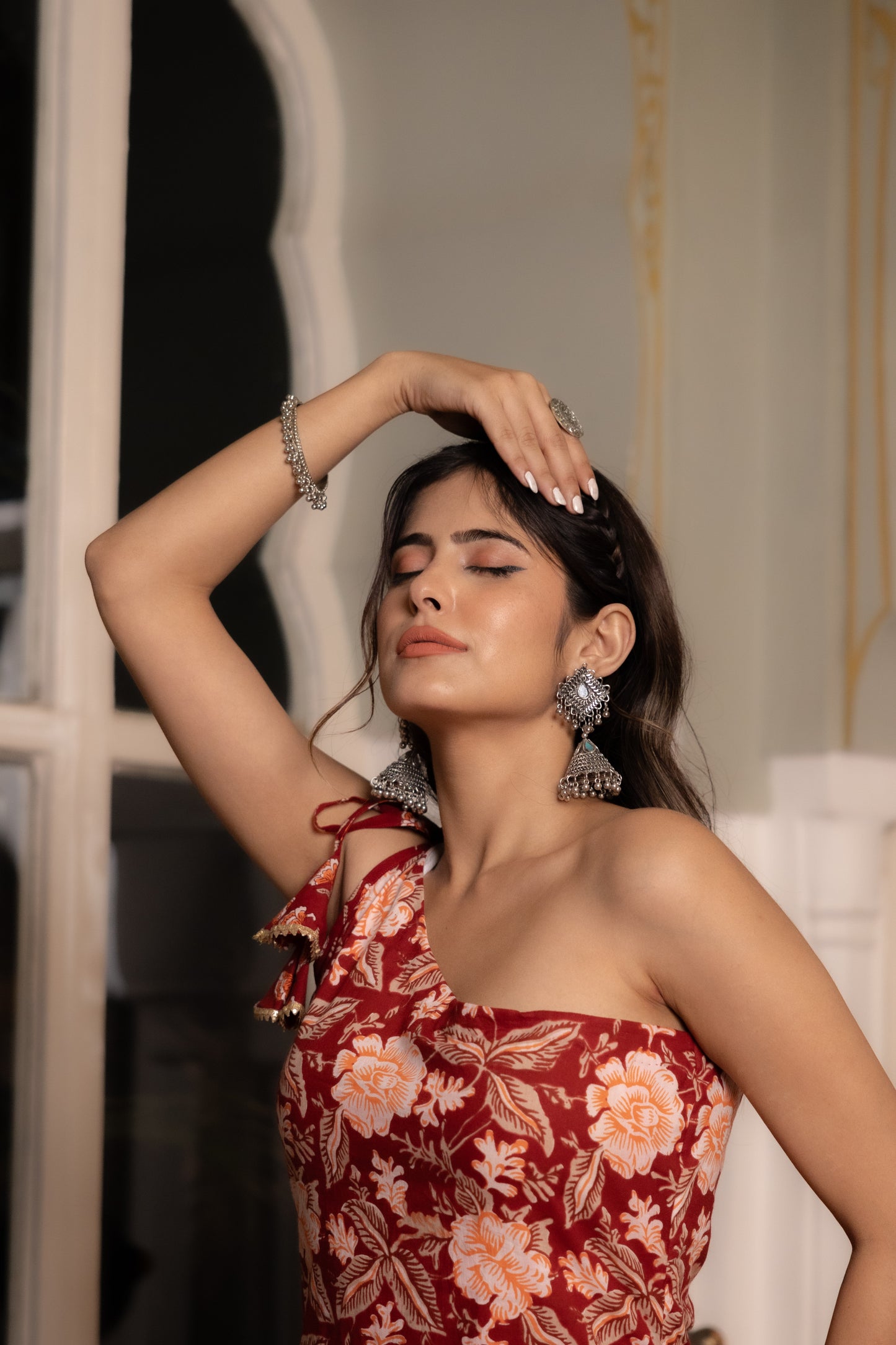 FARIDA RED COTTON ONE OFF SHOULDER STRAIGHT KURTA SET Deasha India