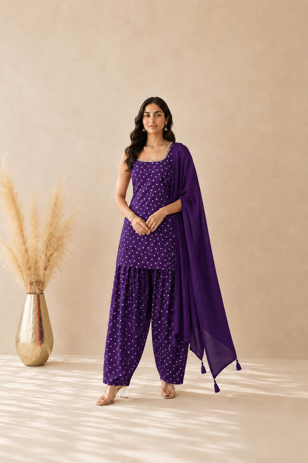UNNATI PURPLE BANDHEJ FARSHI SET