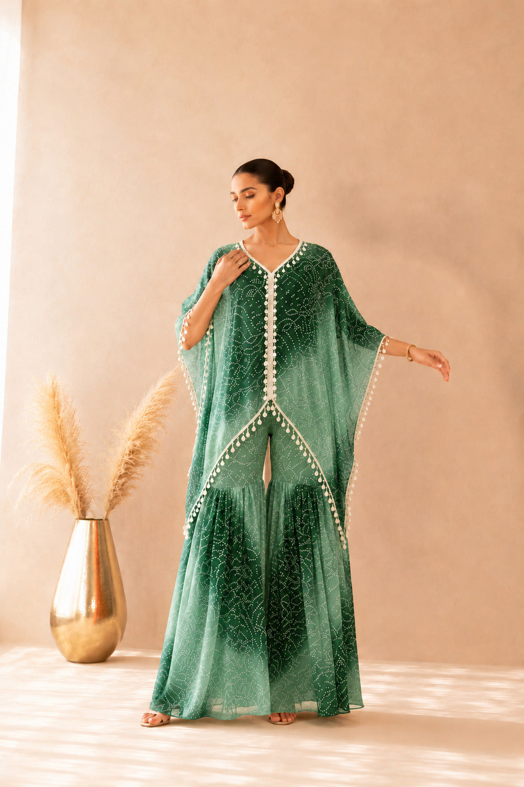 KYNARA GREEN OMBRE BANDHEJ KAFTAN SHARARA SET