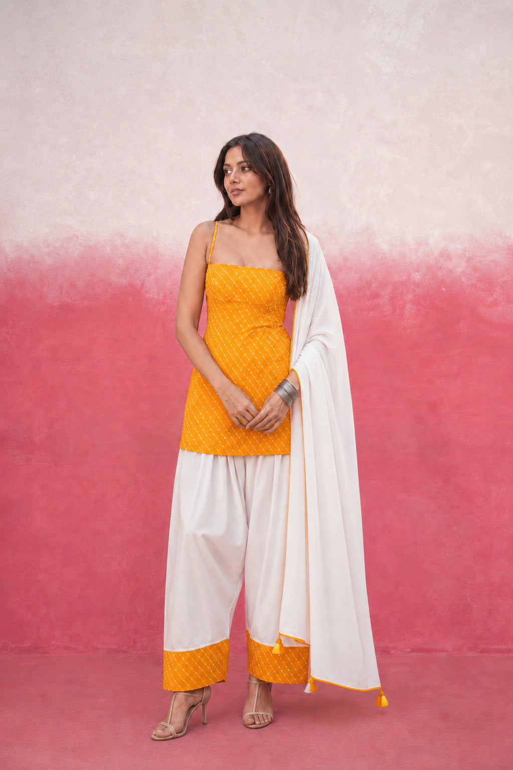 MADHVI YELLOW GEORGETTE MOTHRA FARSHI SET