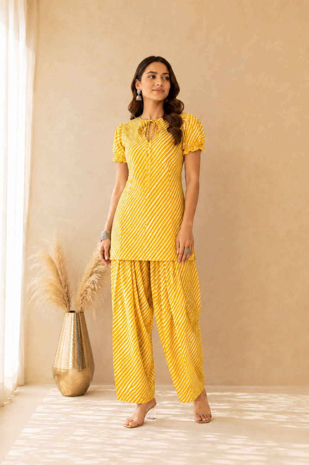 PALLAVI YELLOW COTTON LEHERIYA FARSHI SET