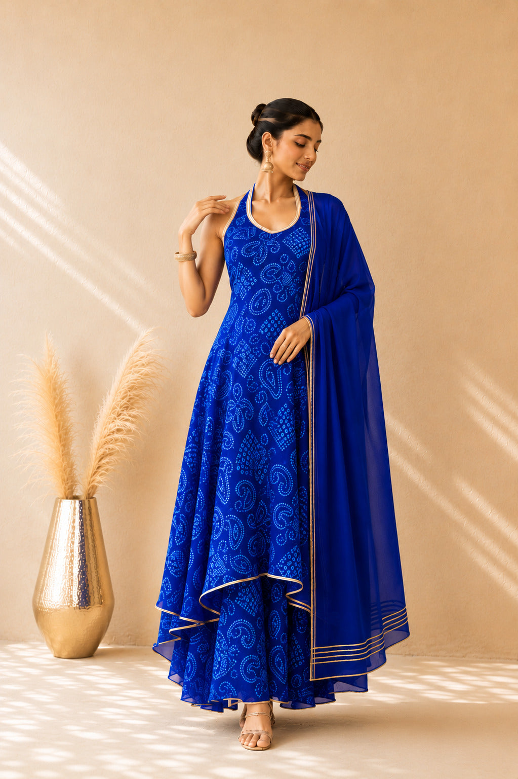 INARA BLUE BANDHEJ HALTER ANARKALI SET