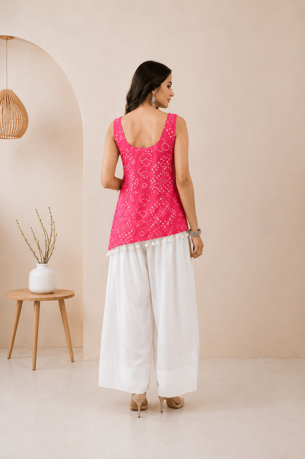 TARIKA PINK ASYMETTRIC BANDHEJ FARSHI SET