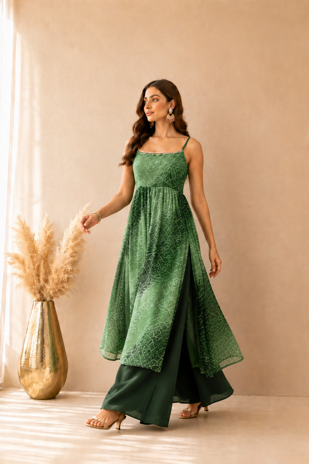 ROSHIRA GREEN OMBRE BANDHEJ NYRA CUT SUIT SET