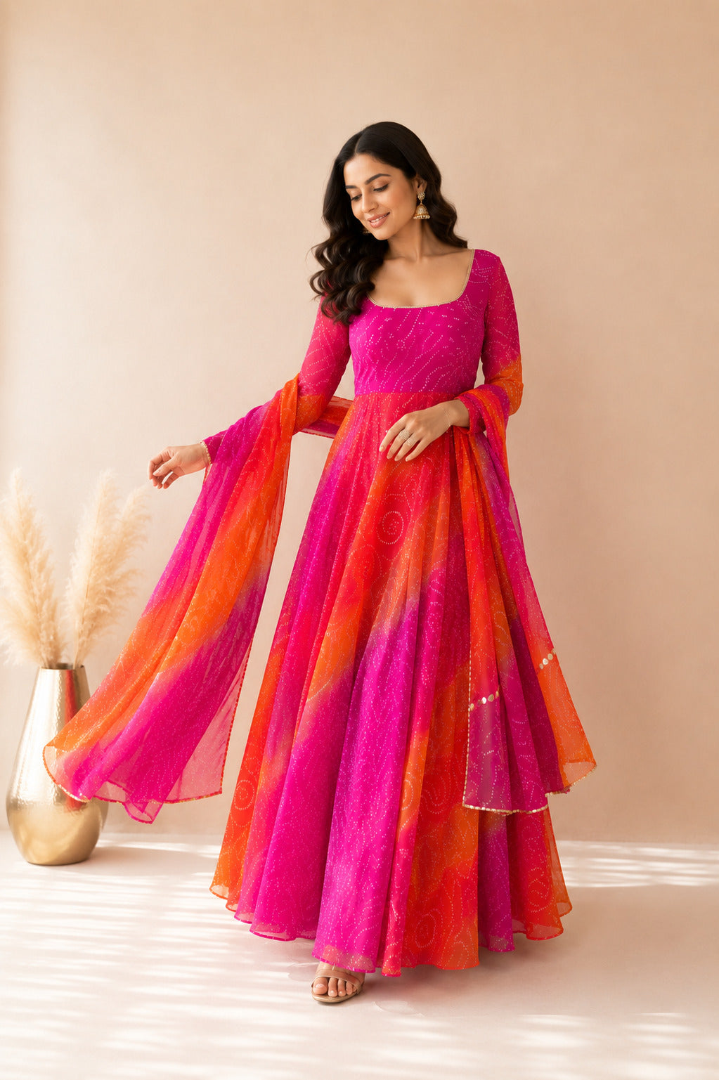 VAISHIRA ORANGE OMBRE BANDHEJ ANARKALI SET