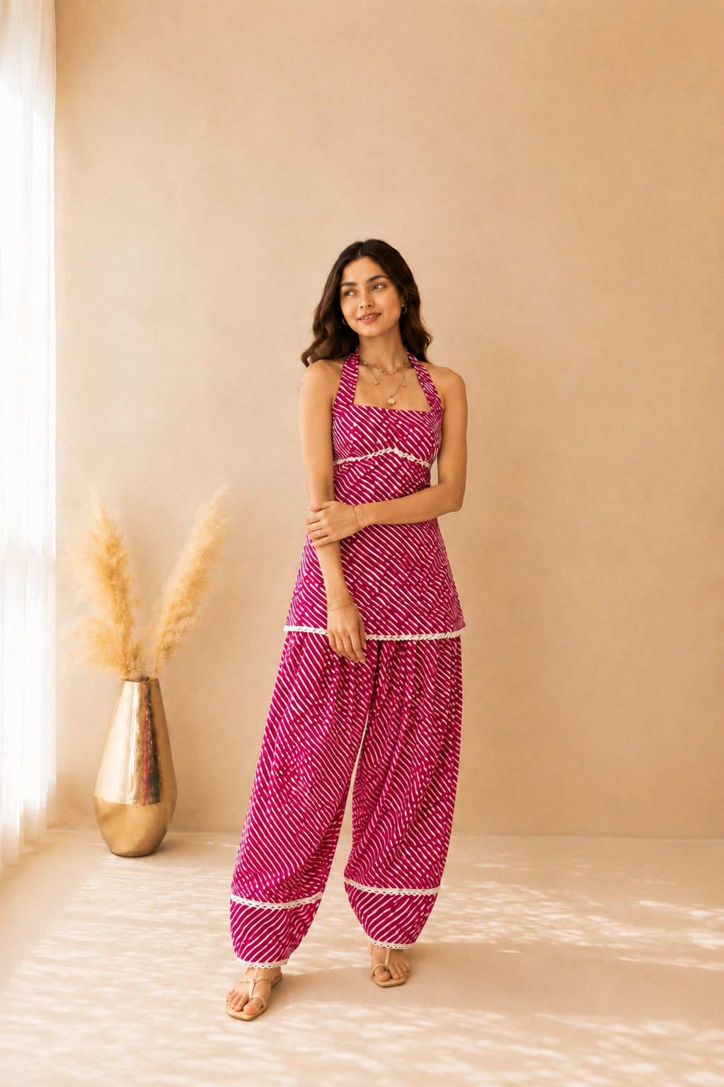 VANIKA PINK COTTON LEHERIYA FARSHI SET WITH DUPATTA