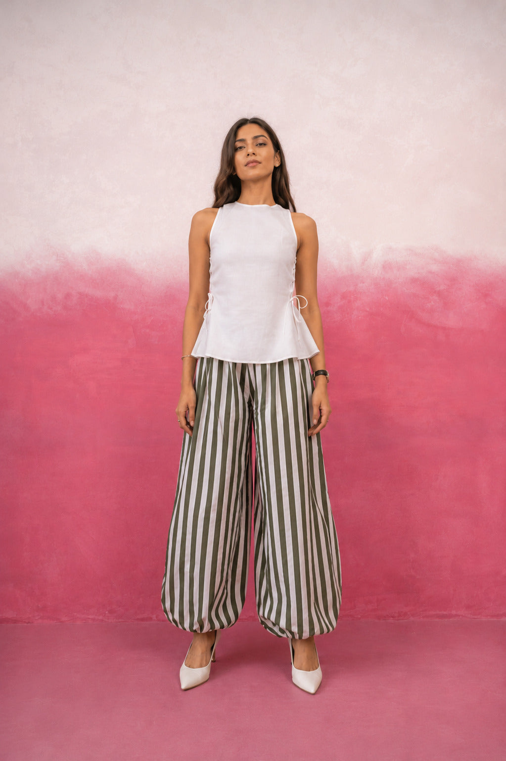 OMISHA WHITE AND GREEN STRIPE COORD SET