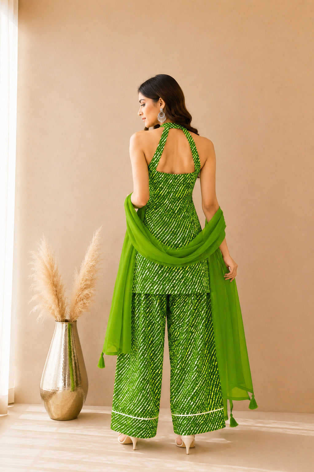 SUKAINA GREEN COTTON LEHERIYA FARSHI SET WITH DUPATTA