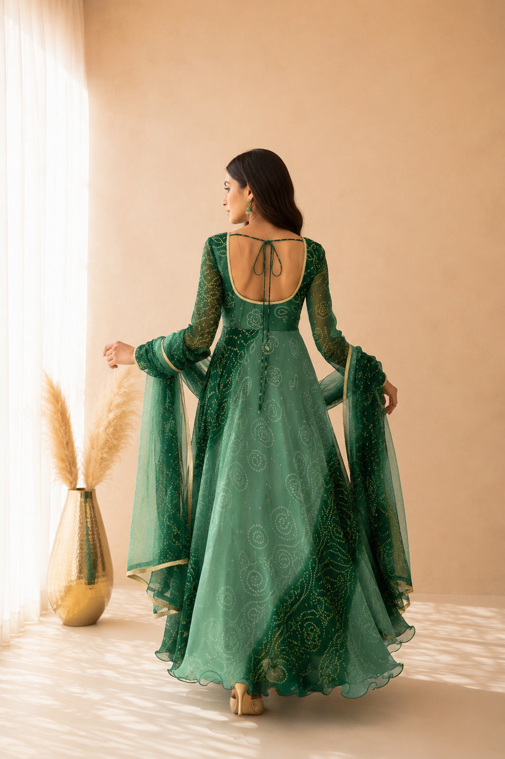LEHZA GREEN OMBRE BANDHEJ ANARKALI SET