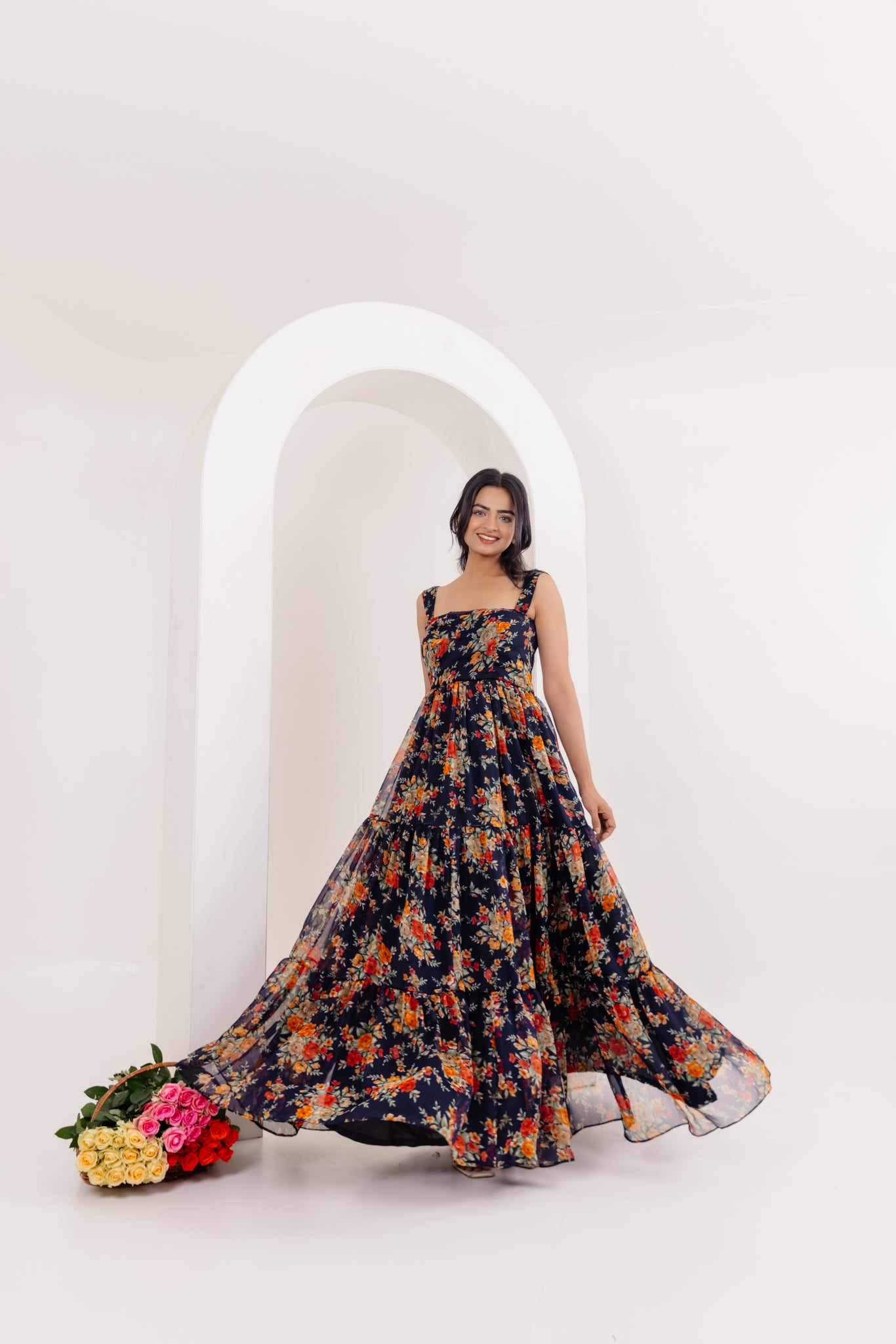 RUHI BLACK FLORAL PRINTED LONG DRESS Deasha India