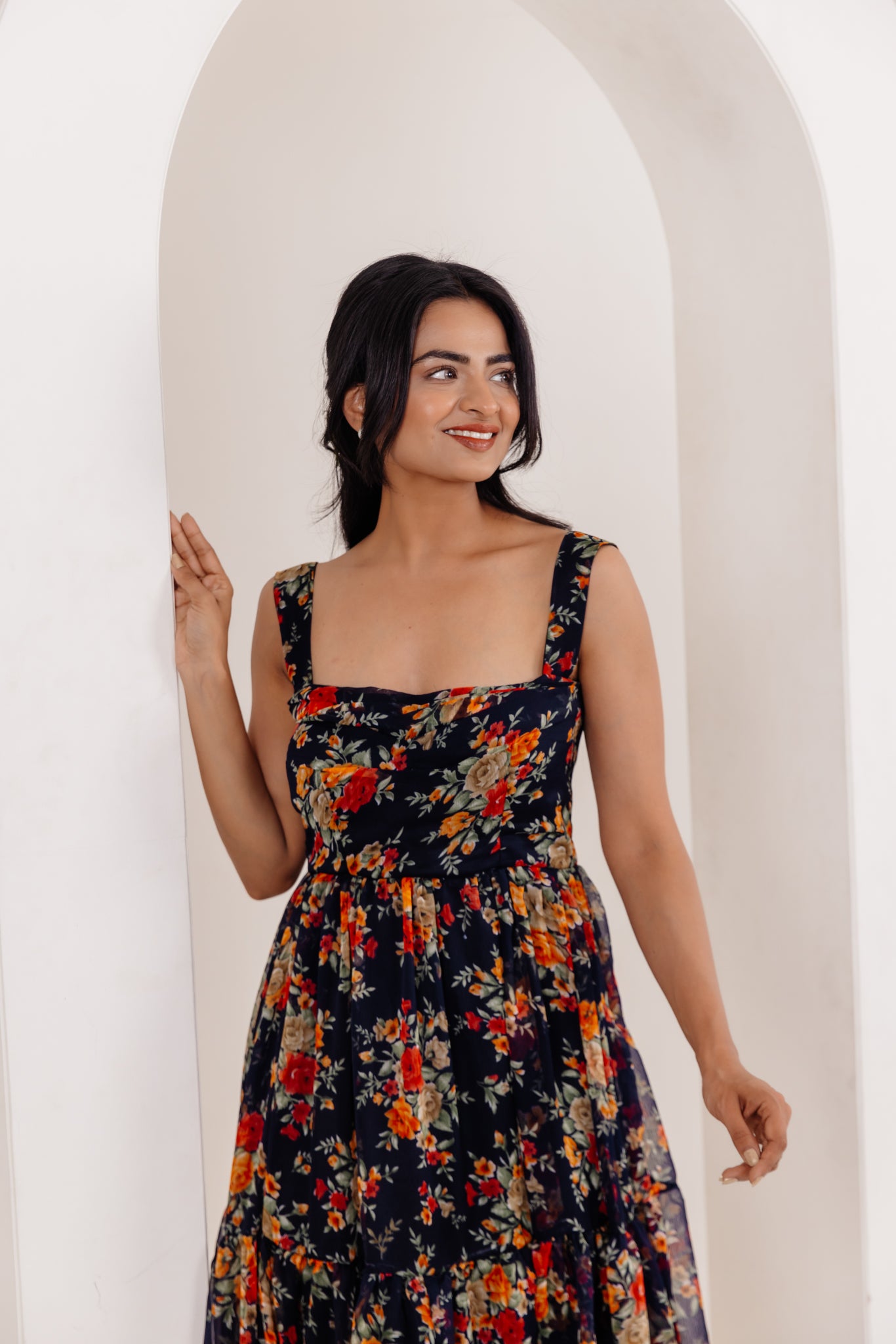 RUHI BLACK FLORAL PRINTED LONG DRESS Deasha India