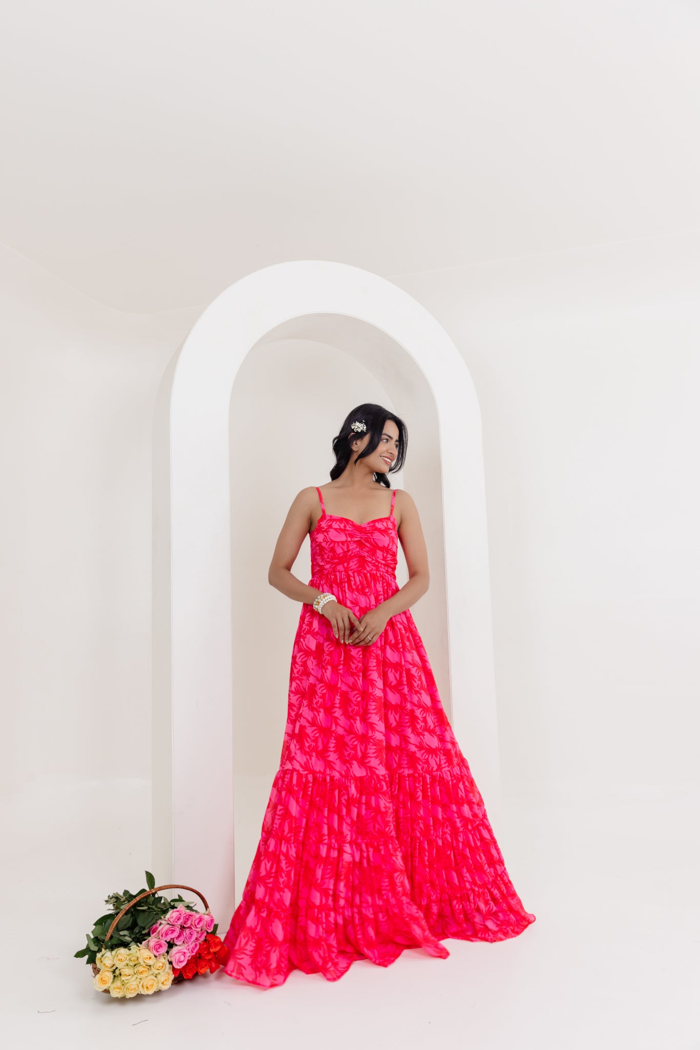 ANAHI PINK FLORAL PRINTED LONG DRESS Deasha India