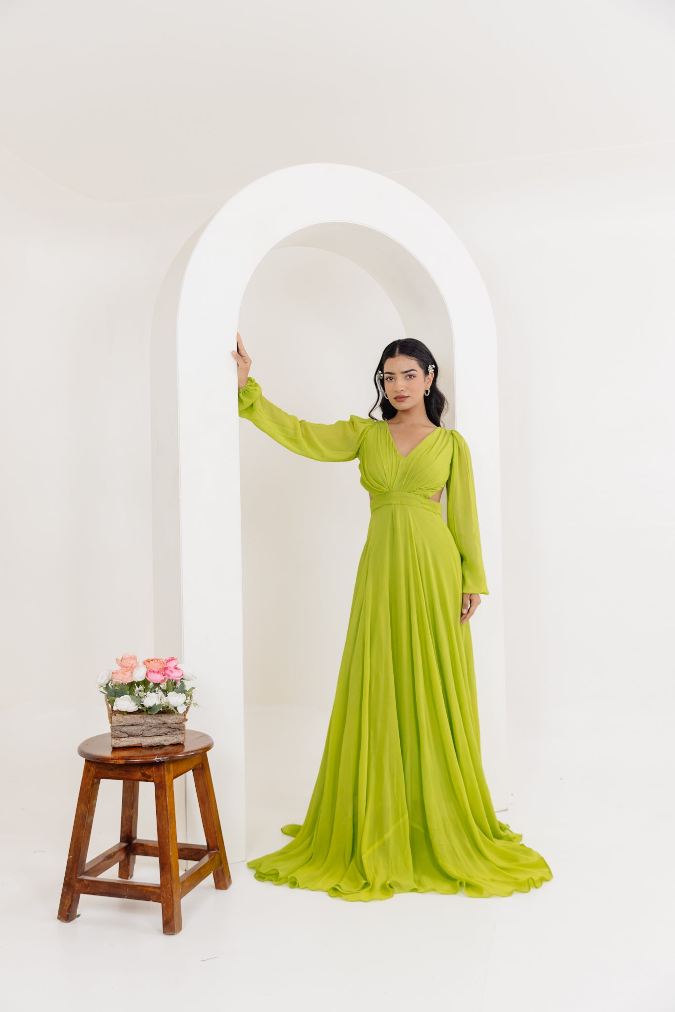 LISA NEON GREEN DRAPED LONG DRESS Deasha India