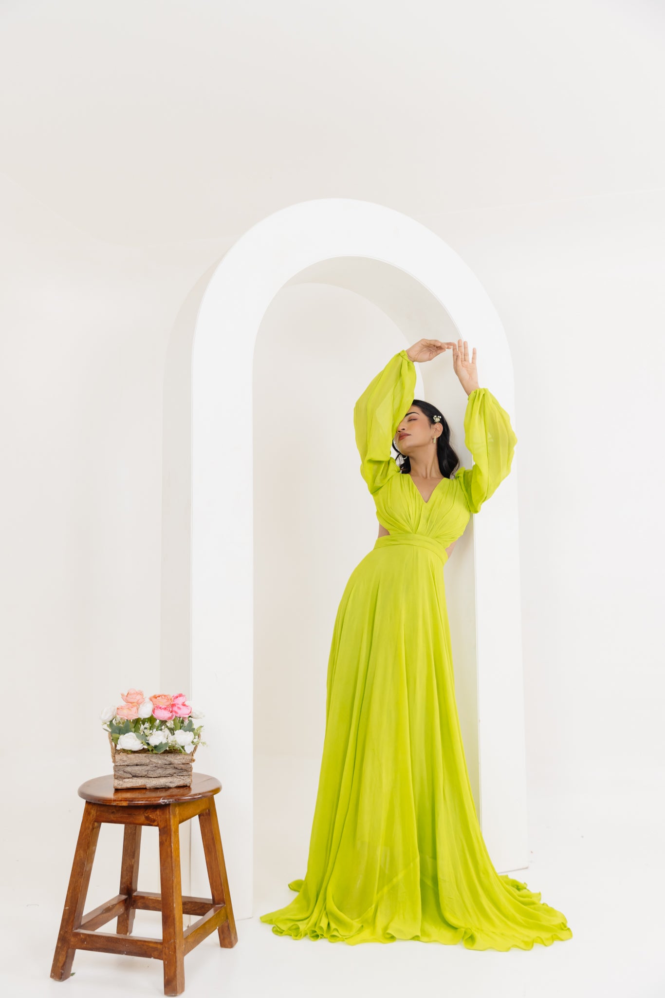 LISA NEON GREEN DRAPED LONG DRESS Deasha India