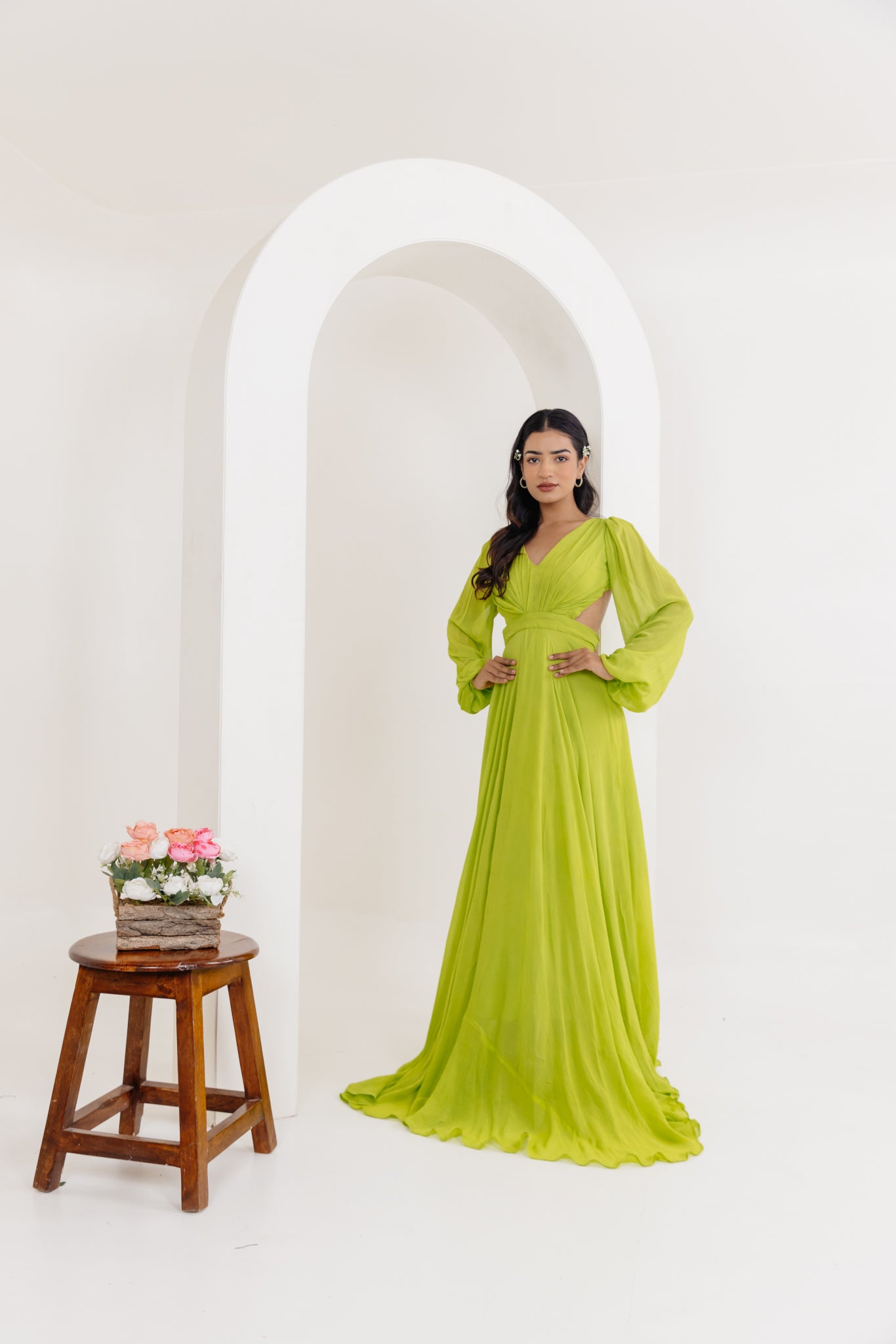 LISA NEON GREEN DRAPED LONG DRESS Deasha India