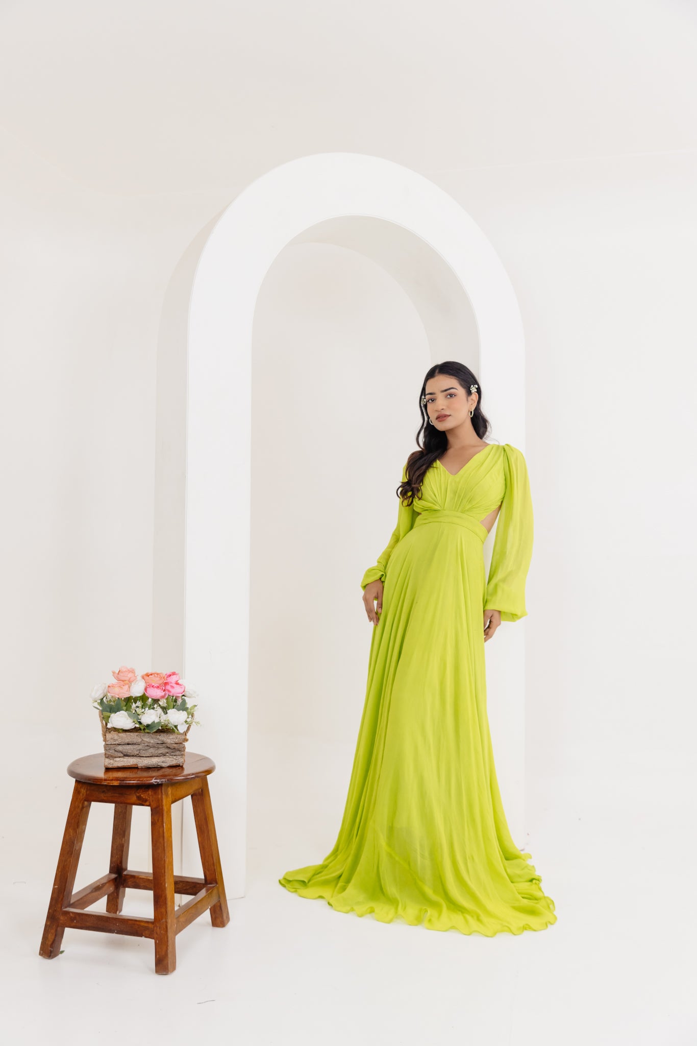 LISA NEON GREEN DRAPED LONG DRESS Deasha India