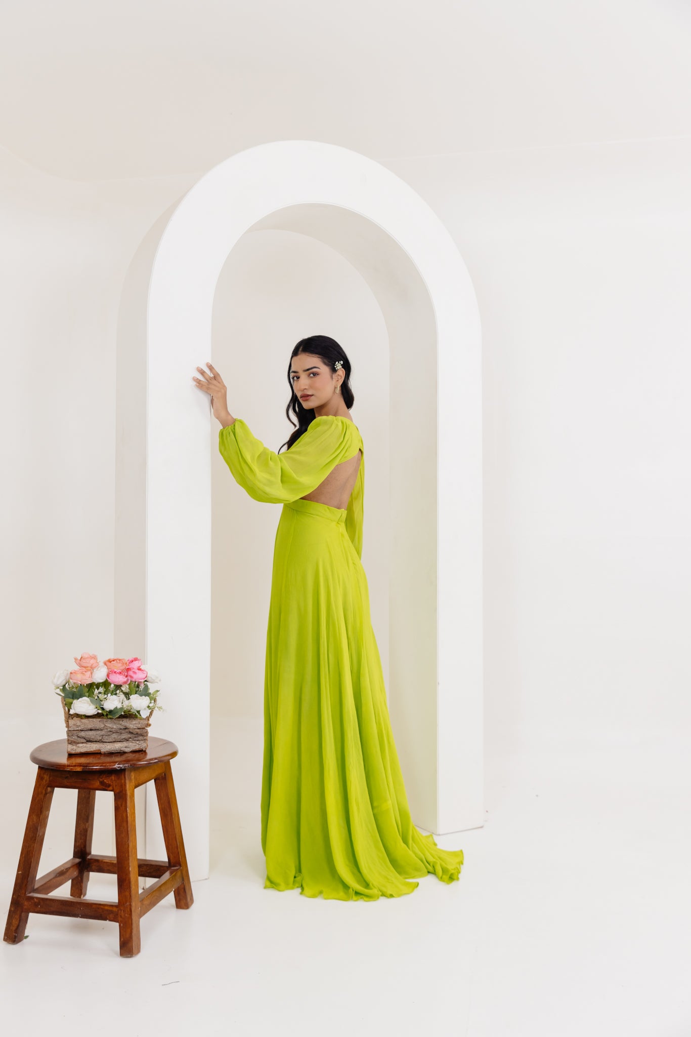 LISA NEON GREEN DRAPED LONG DRESS Deasha India