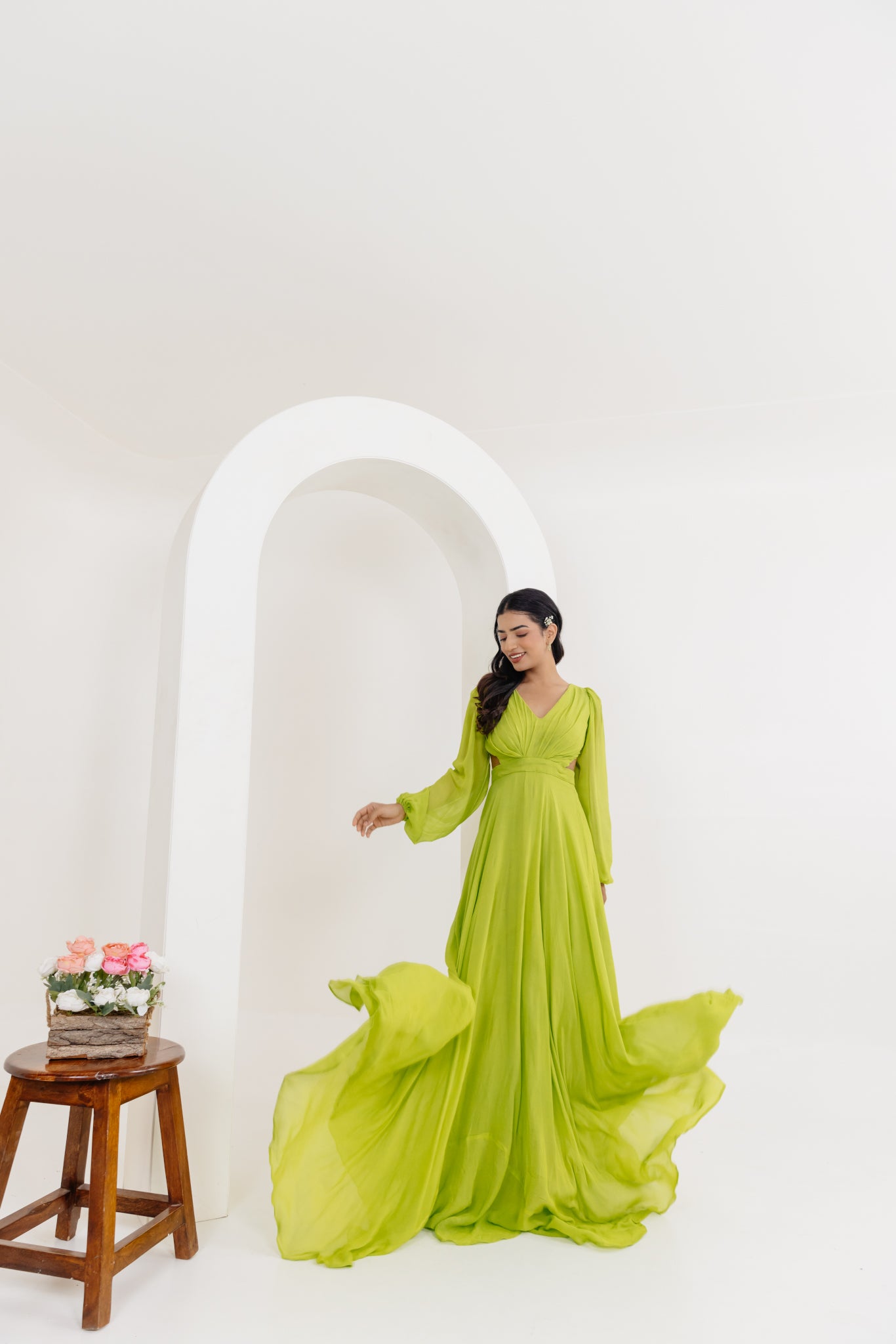 LISA NEON GREEN DRAPED LONG DRESS Deasha India