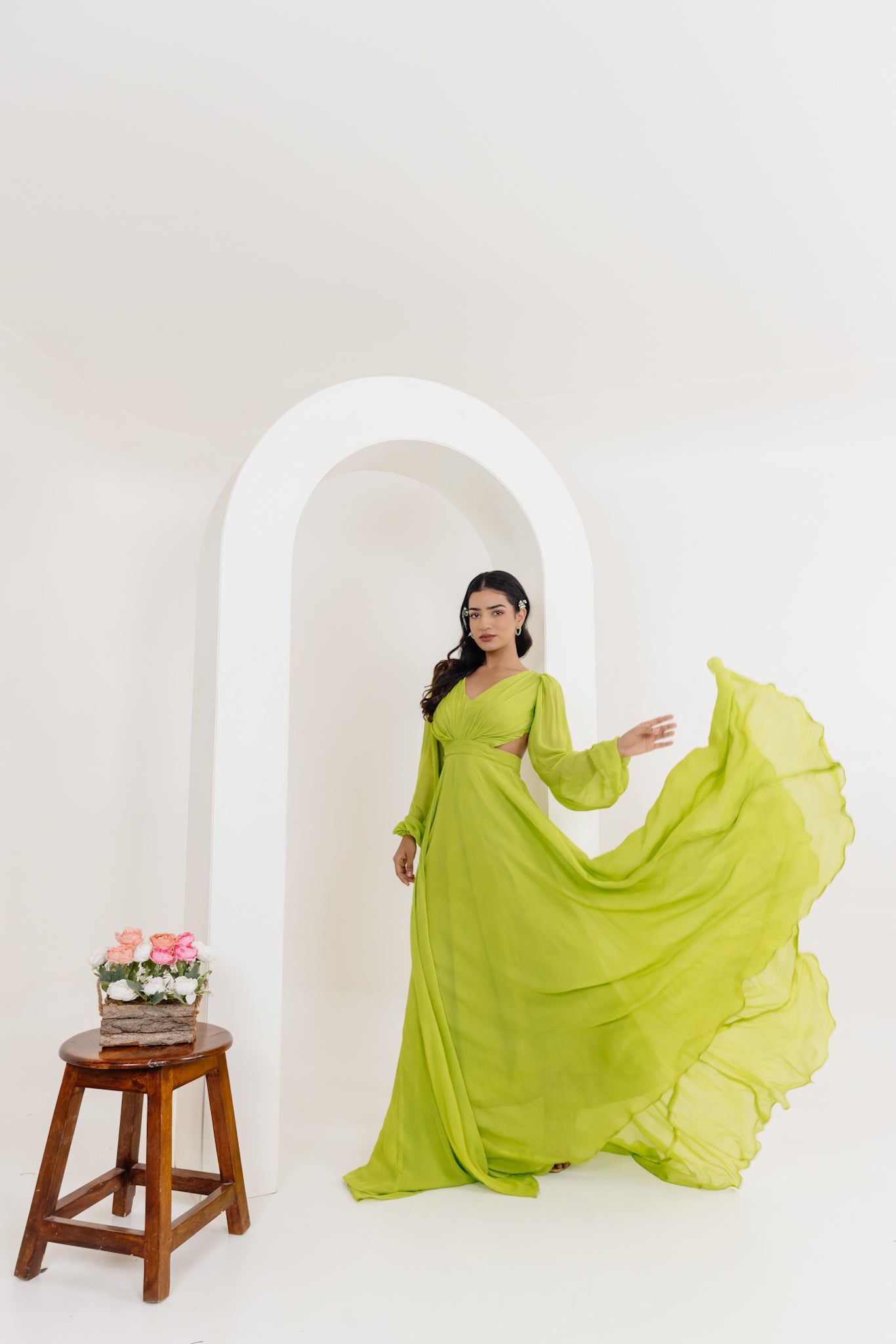 LISA NEON GREEN DRAPED LONG DRESS Deasha India
