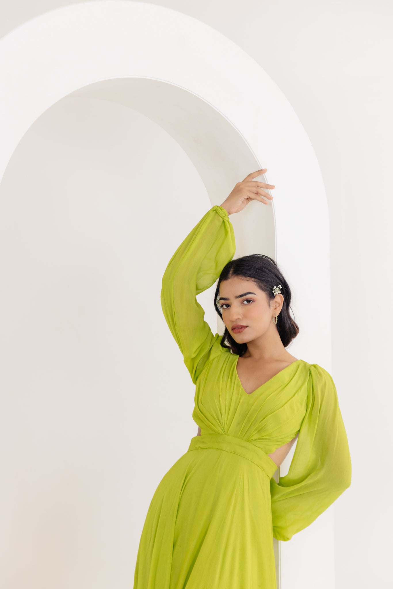 LISA NEON GREEN DRAPED LONG DRESS Deasha India