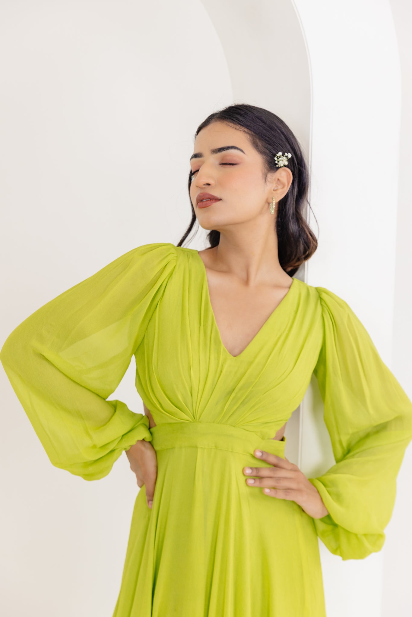 LISA NEON GREEN DRAPED LONG DRESS Deasha India