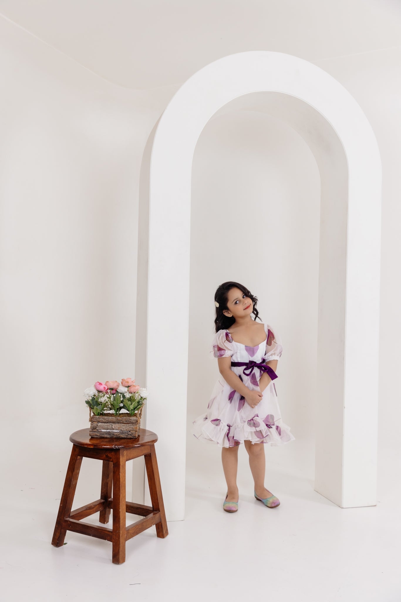 STELLA ORGANZA PURPLE LEAF PRINTED DRESS WITH BELT Deasha India