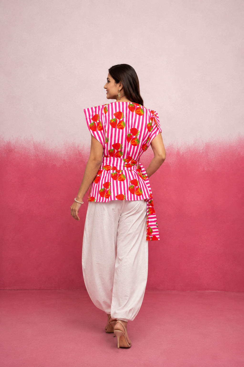 ABHIRA PINK STRAWBERRY STRIPE BALLOON COORD SET WITH BELT