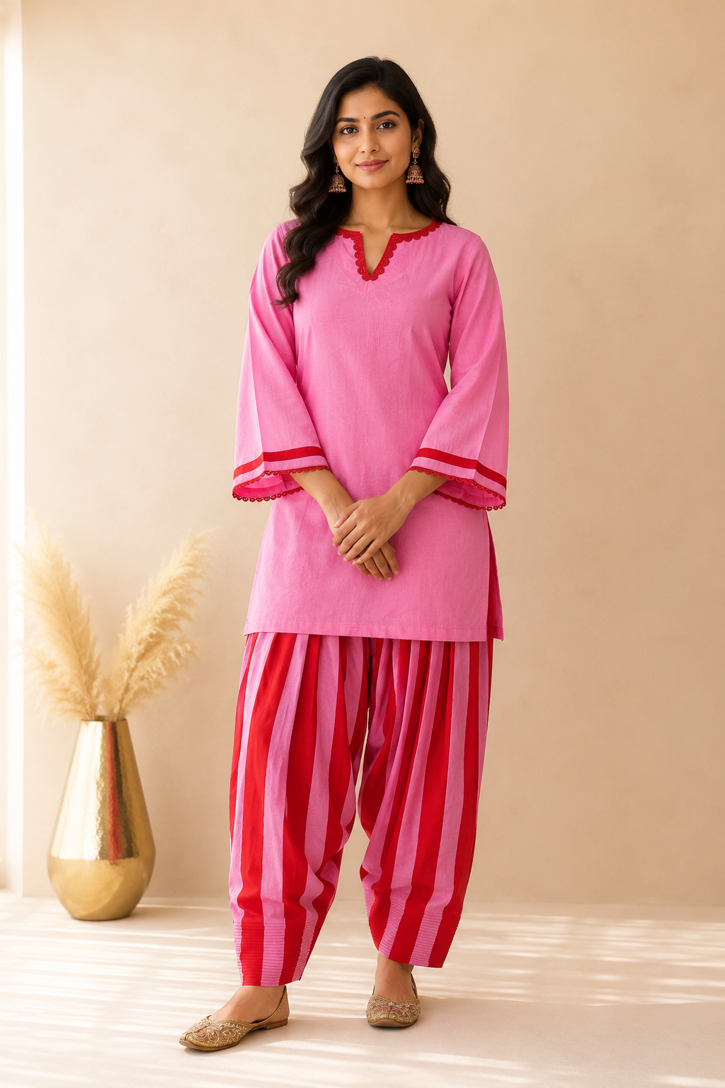NAYAB PINK STRIPED FARSHI SET