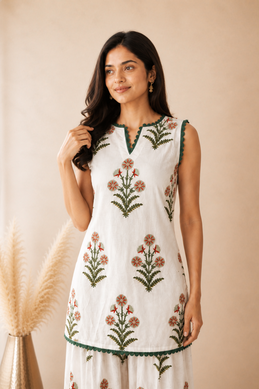 EHSARA WHITE BLOCK PRINTED FARSHI SET