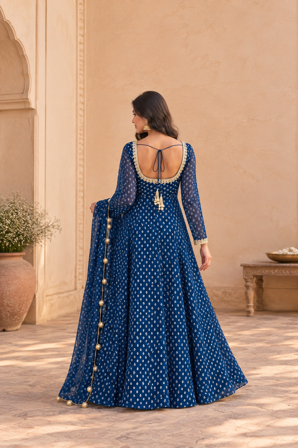 KUNIKA PEACOCK BLUE BANDHEJ ANARKALI SET