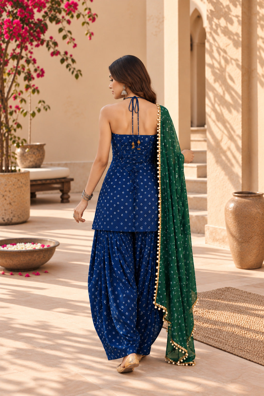 PRAVINA PEACOCK BLUE BANDHEJ MIRROR WORK FARSHI SET