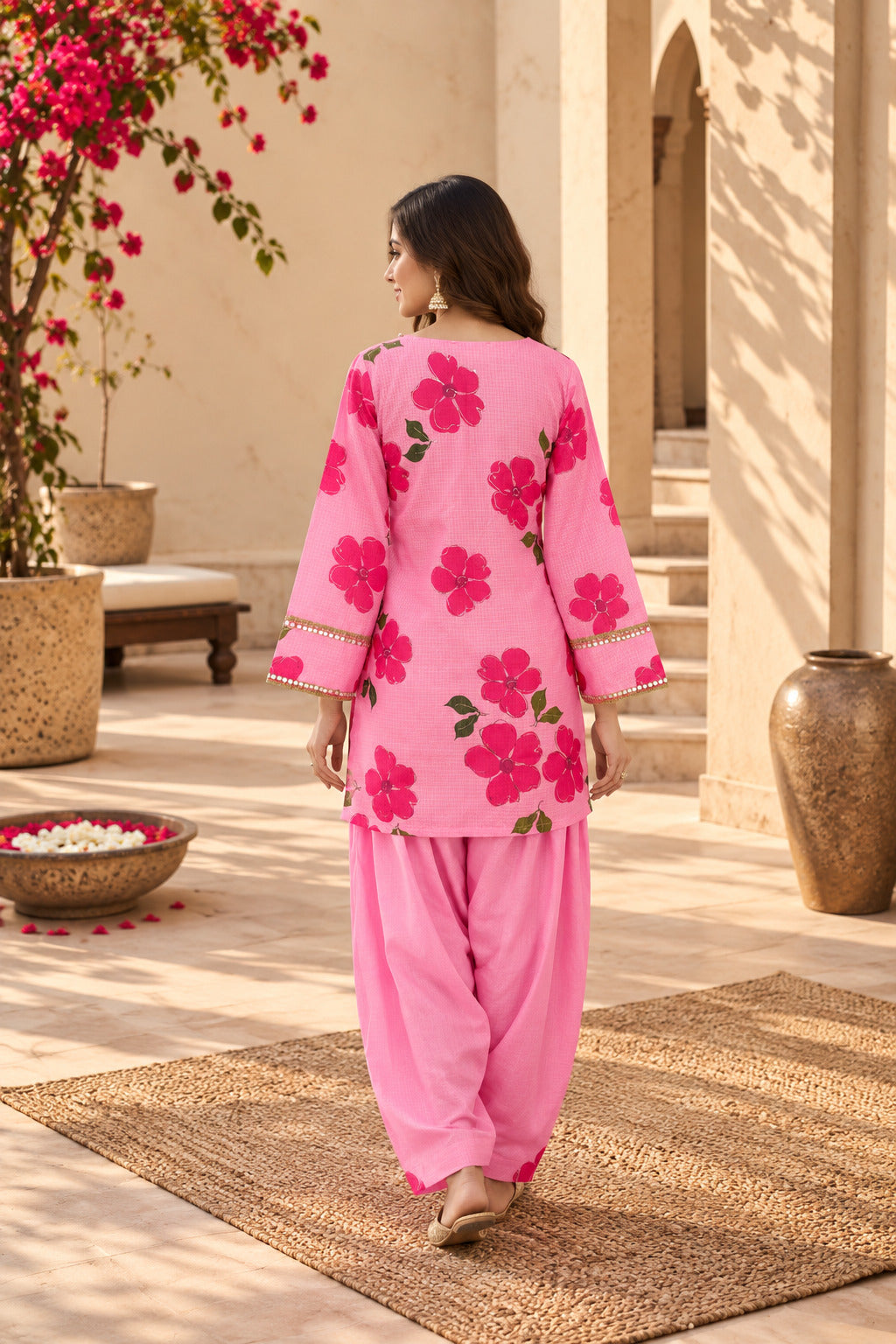 SHARIA PINK HANDPAINTED KOTA DORIYA FARSHI SET
