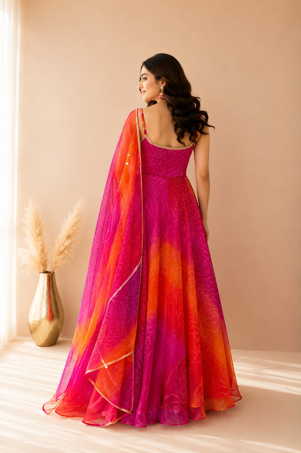 RAANIA OMBRE PINK ORANGE BANDHEJ ANARKALI SET