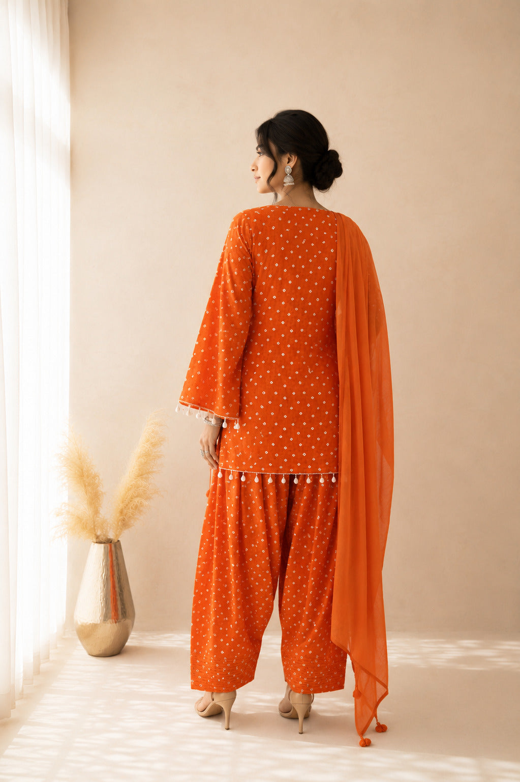 DIVYANGI ORANGE BANDHEJ FARSHI SET