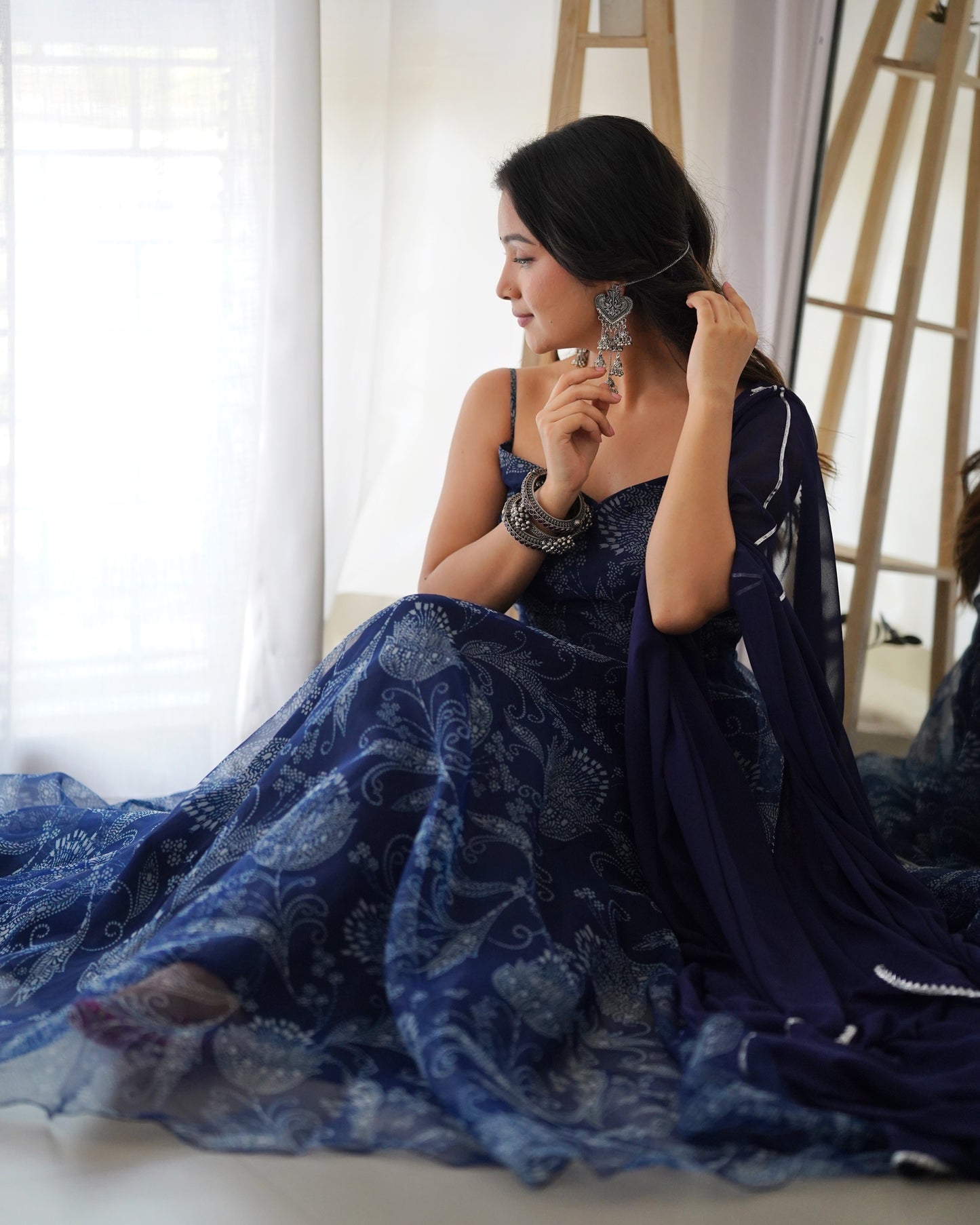 SARAH NAVY BLUE FLORAL PRINT ORGANZA ANARKALI SET Deasha India