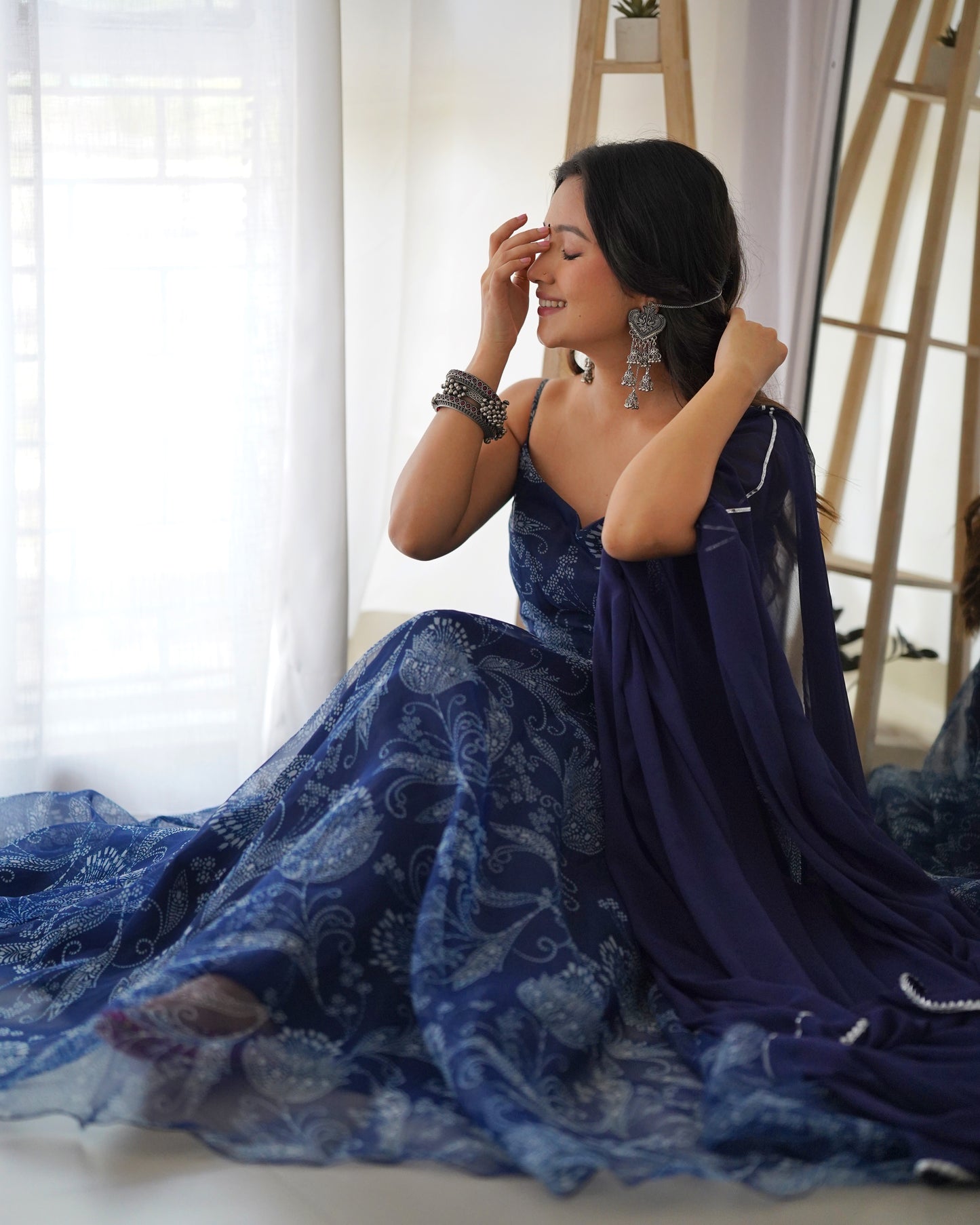 SARAH NAVY BLUE FLORAL PRINT ORGANZA ANARKALI SET Deasha India