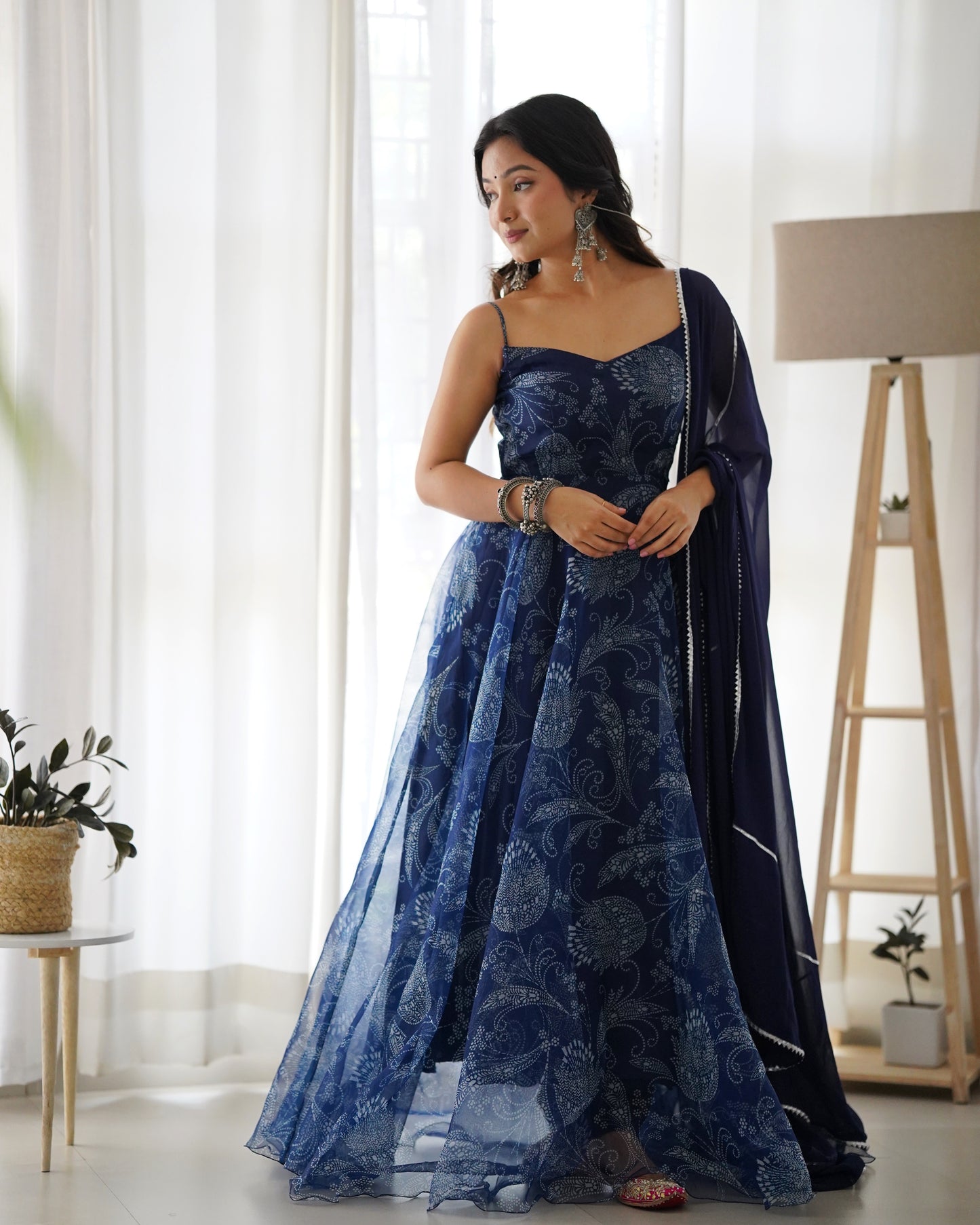 SARAH NAVY BLUE FLORAL PRINT ORGANZA ANARKALI SET Deasha India