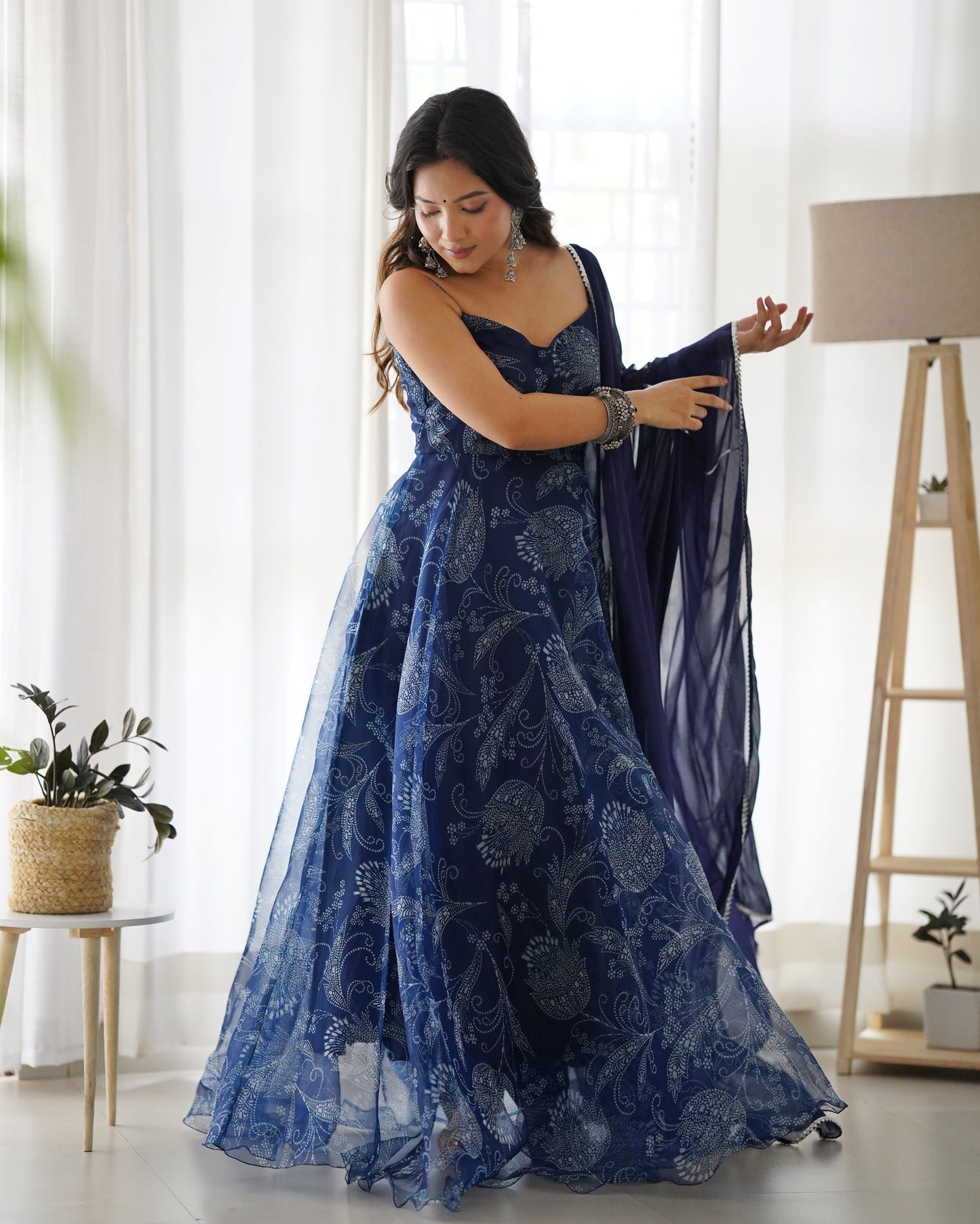 SARAH NAVY BLUE FLORAL PRINT ORGANZA ANARKALI SET Deasha India