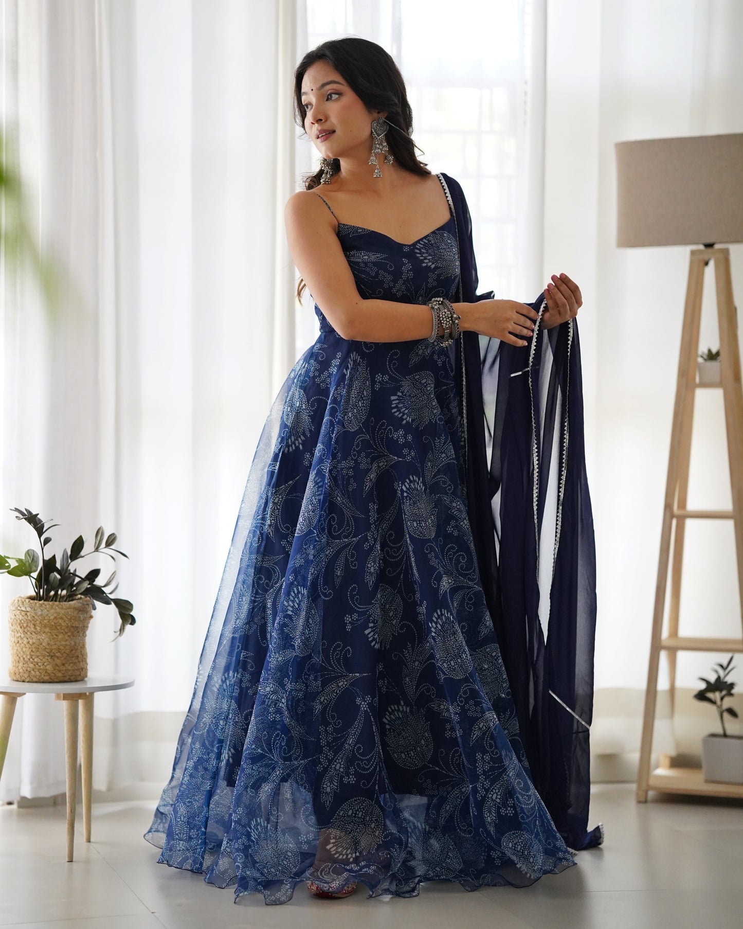 SARAH NAVY BLUE FLORAL PRINT ORGANZA ANARKALI SET Deasha India