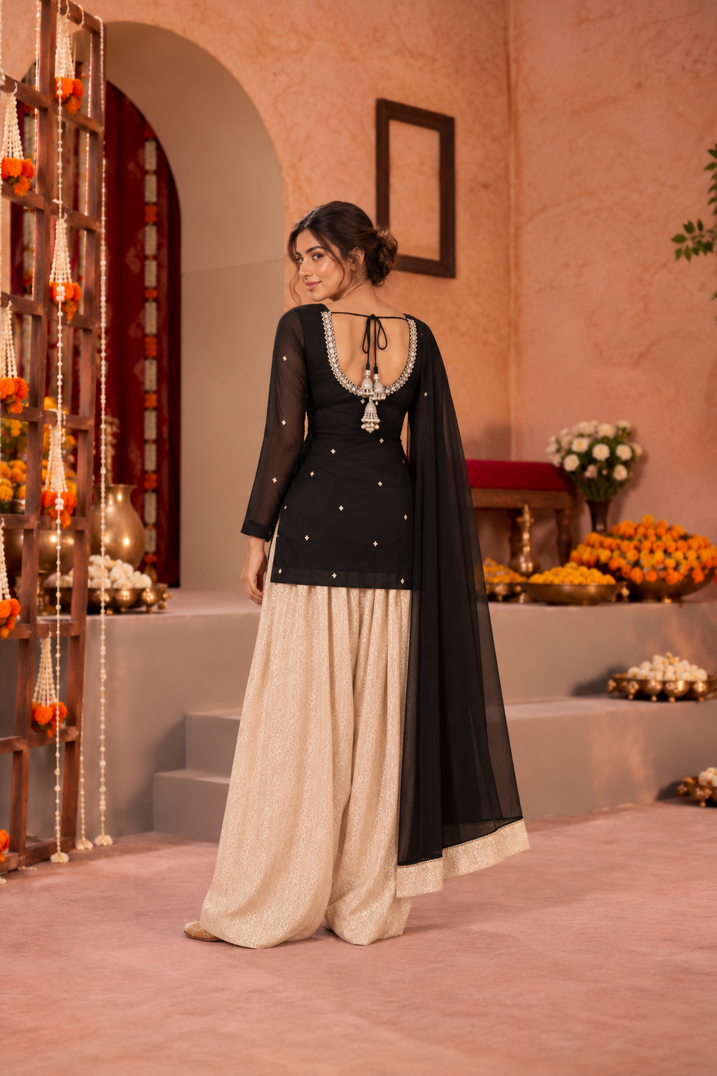 TEJI BLACK BEIGE EMBELLISHED FARSHI SET