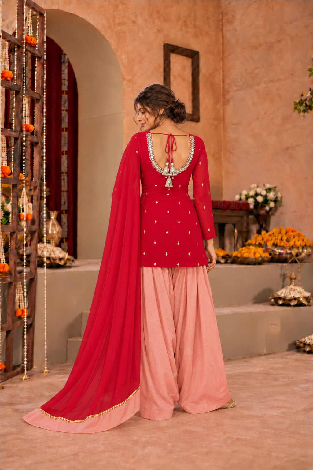 HAMNA RED BLUSH PINK EMBELLISHED FARSHI SET