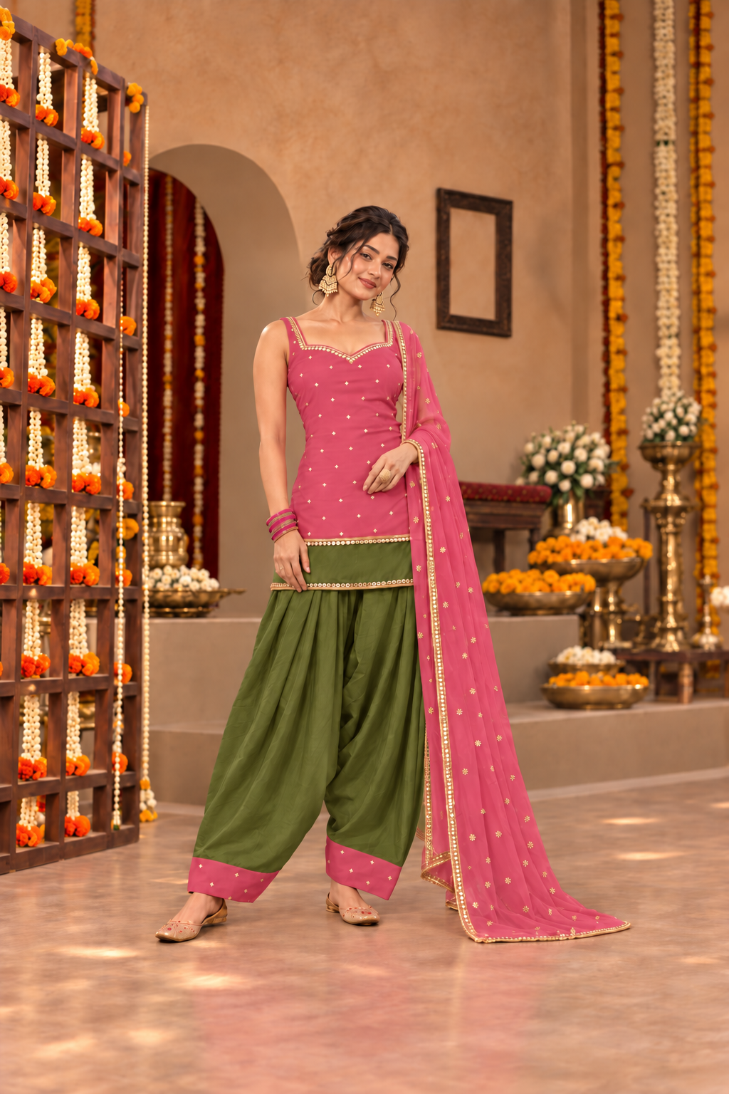 RAVIKA DUST ROSE GREEN COLOR BLOCK FARSHI SET