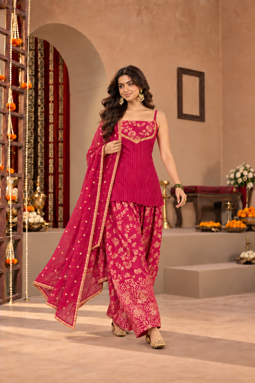 SHRUTI PINK BROCADE COLOR BLOCK FARSHI SET
