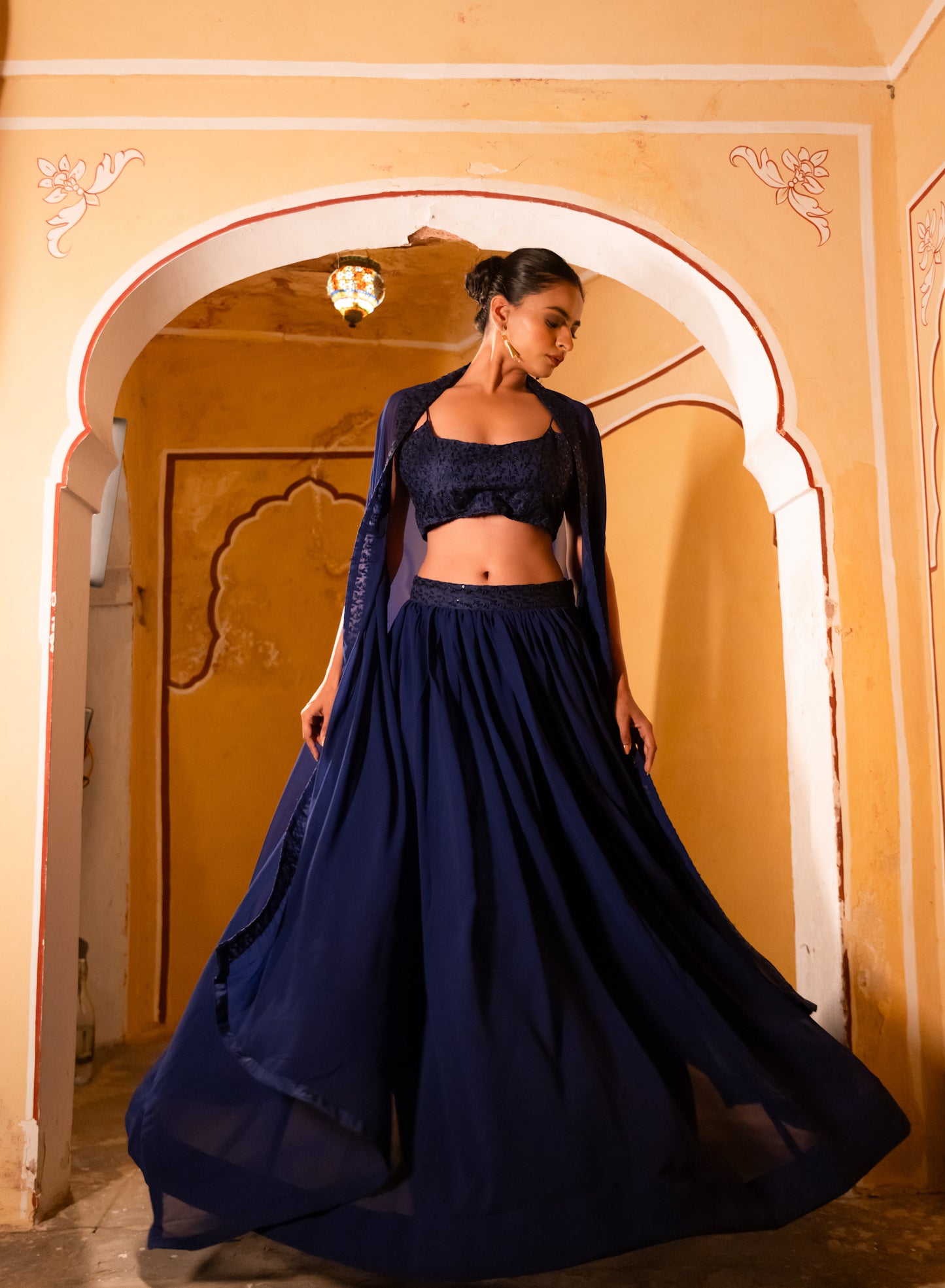 DIA NAVY BLUE DETAILED LEHENGA SHRUG SET Deasha India