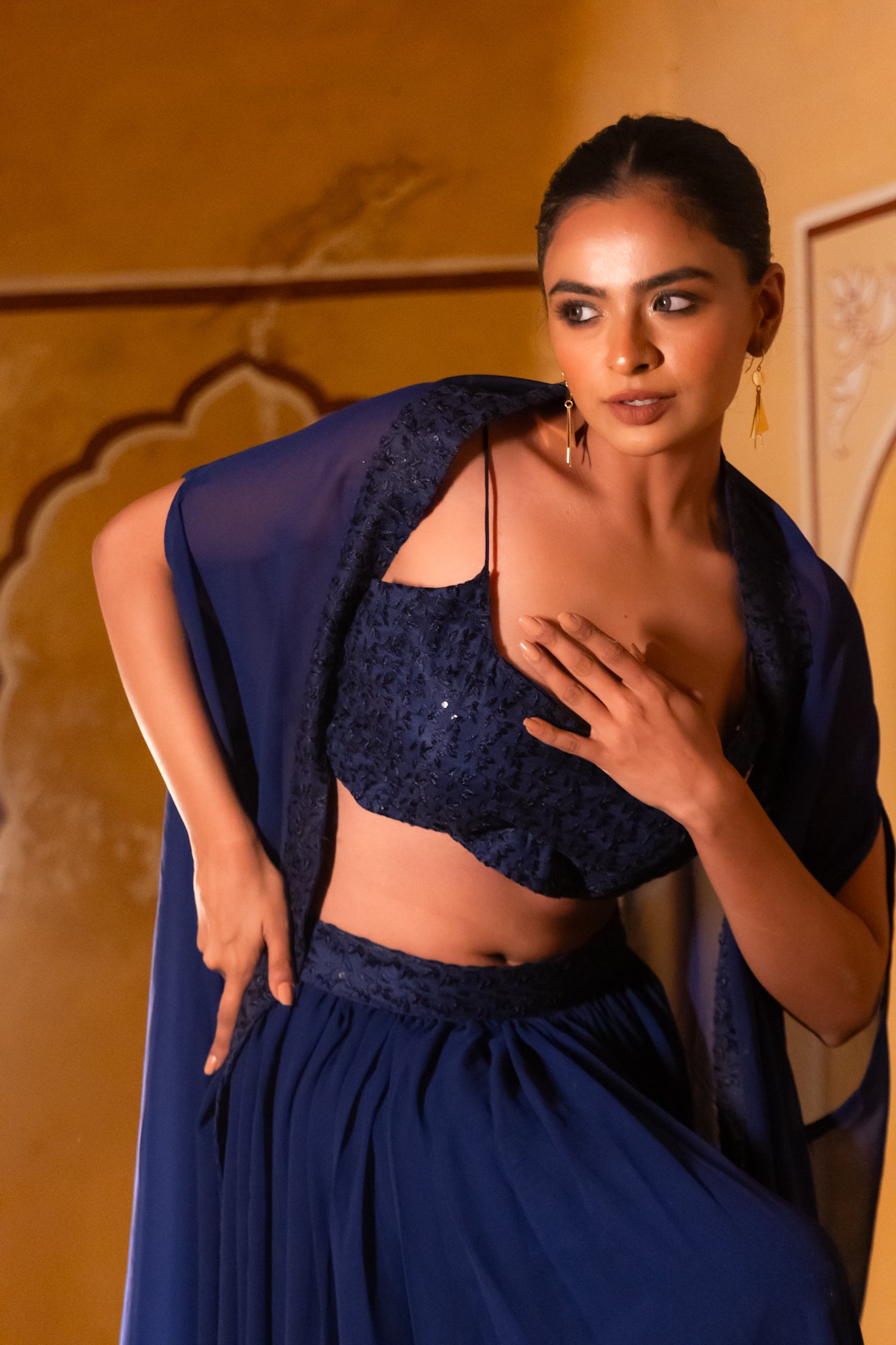 DIA NAVY BLUE DETAILED LEHENGA SHRUG SET Deasha India