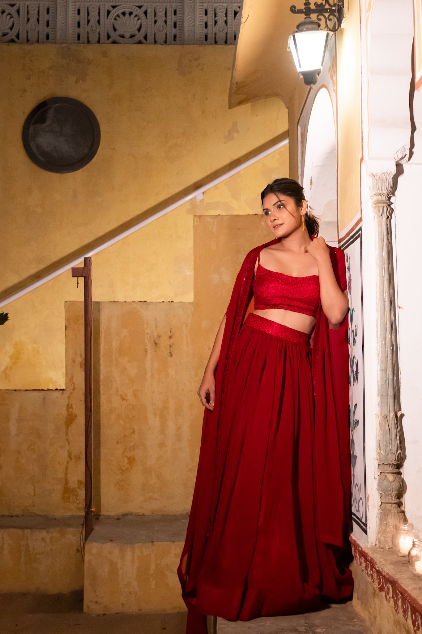 MIRA MAROON RED DETAILED LEHENGA SHRUG SET Deasha India