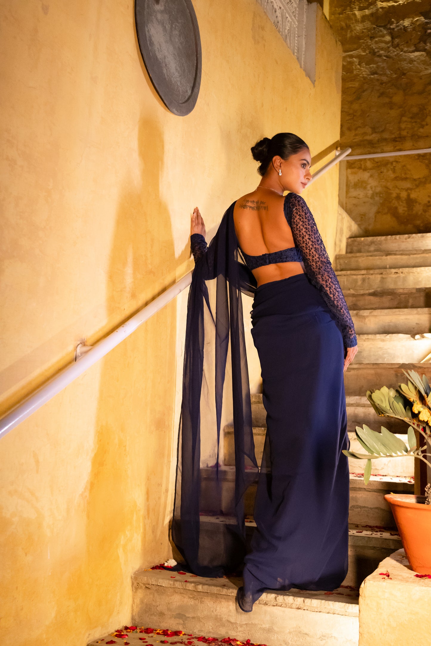 INAYA EMBROIDERED PRE DRAPED NAVY BLUE SAREE Deasha India