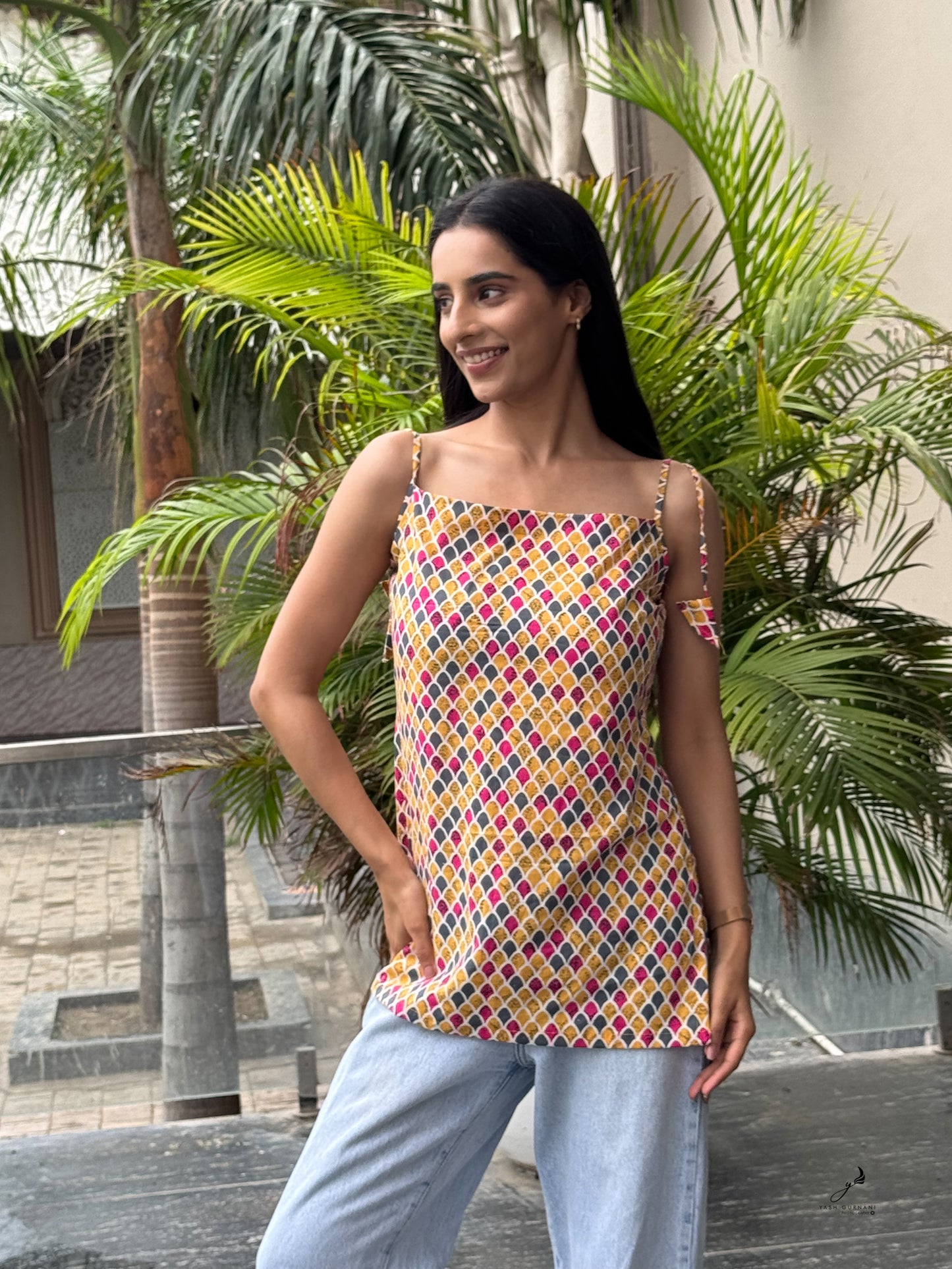 BHAVANTI COTTON YELLLOW NOODLE STRAP SHORT KURTI